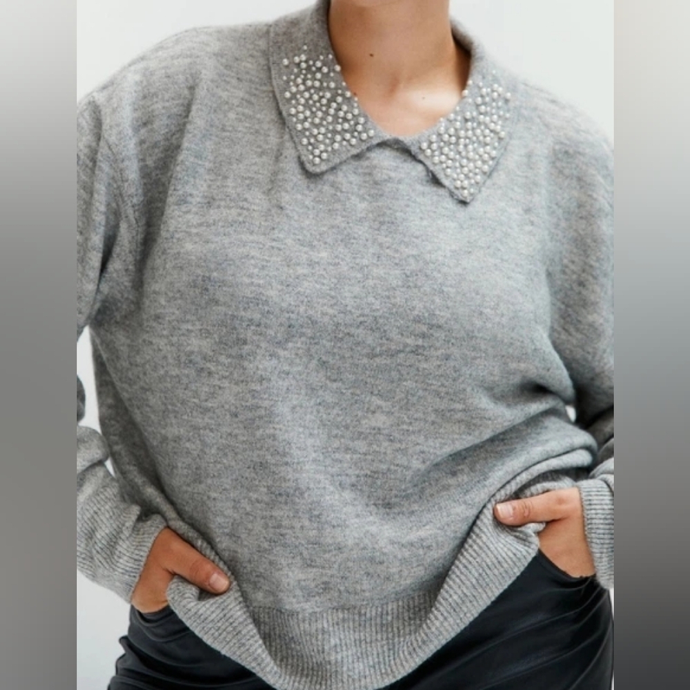 H&M Grey Pearl Embellished Collar Knit Sweater - Large